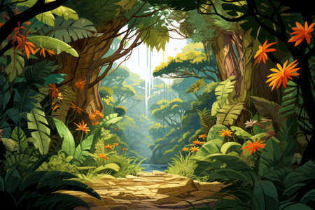Beautiful tropical jungle landscape background. Vector illustration in cartoon style.の素材