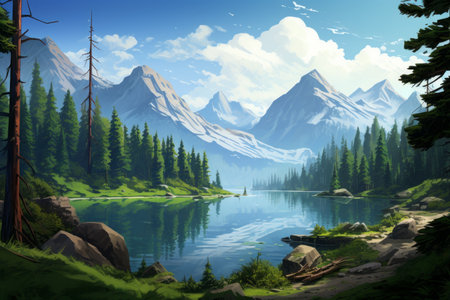 Fantasy landscape with lake, mountains and coniferous forest.の素材