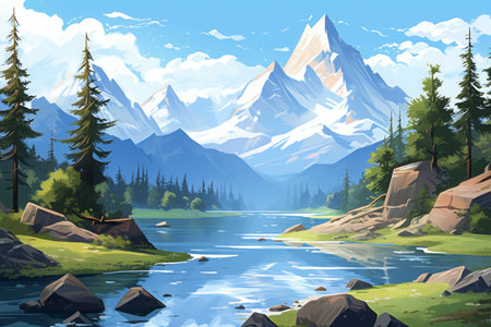 Beautiful landscape with mountains and river. Vector illustration for your designの素材