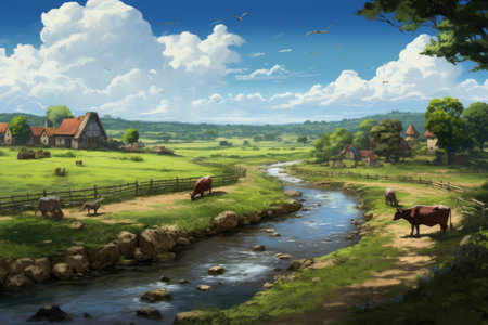 Digital painting of a rural landscape with a small river and cows.の素材