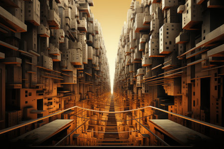 3d illustration of a corridor with a lot of buildings in the backgroundの素材