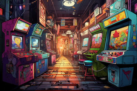 Illustration of a retro arcade game machine in a night club.の素材
