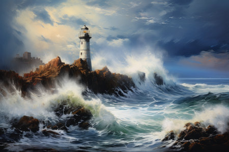 Digital painting of a lighthouse in a stormy ocean with dramatic skyの素材