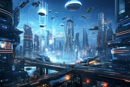 Futuristic cityscape with high tech buildings and high-rise buildingsの素材