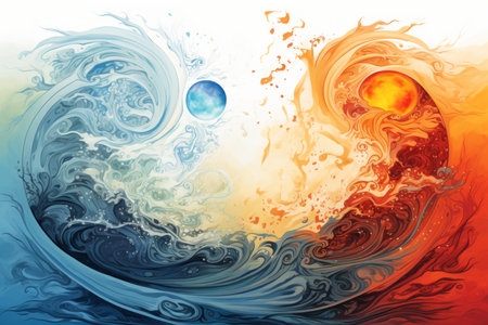 abstract background with blue, orange and yellow waves and planets in spaceの素材