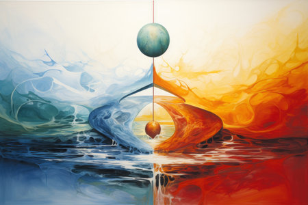 abstract watercolor background with an arrow in the water and a planetの素材