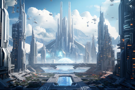 Futuristic city landscape with skyscrapers and high-rise buildingsの素材