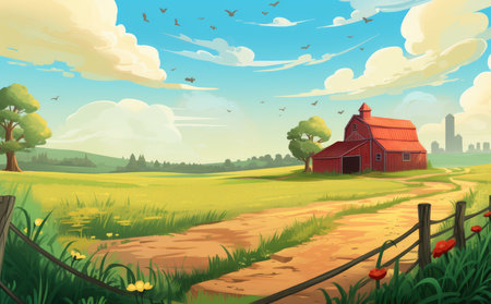 Cartoon farm landscape with red barn and green meadow. Vector illustrationの素材