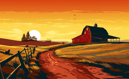 Red barn on the farm at sunset. Vector illustration of a farm landscape.の素材