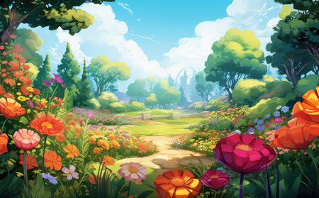 Beautiful spring landscape with flowers in the garden. Illustration.の素材