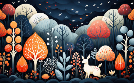 Autumn landscape with trees, birds and fox. Vector illustration.の素材