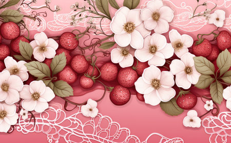 Strawberry background with flowers and lace. Vector illustration for your designの素材