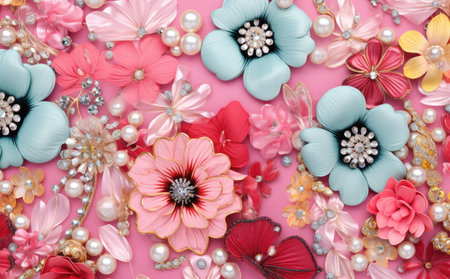 colorful flowers and pearls on pink background, flat lay, top viewの素材