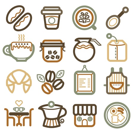 Vector of coffee line symbol many style in coffee colour tone.のイラスト素材