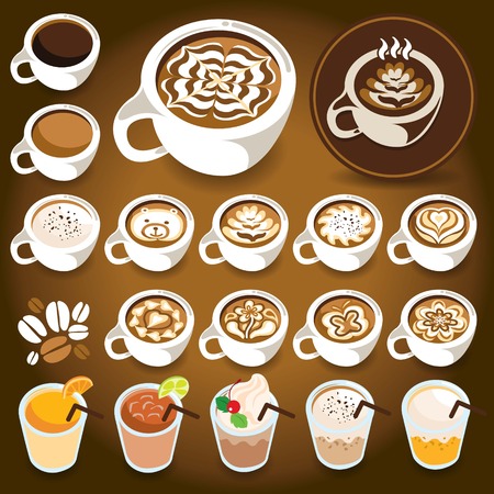 Icon of coffee many style and latte art with white colour cupのイラスト素材