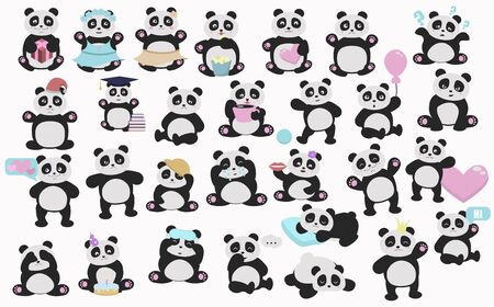 Set of cute vector pandas. Cartoon pandas illustration.のイラスト素材