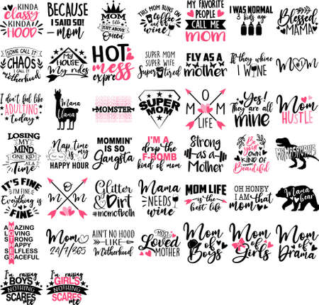 Momlife quote set. Vector print design for mm. Motherhood illustration. Cute letteringのイラスト素材
