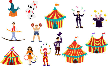 Circus performance decorative icons set with athlete animals magician