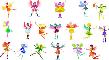 Colorful set of fairies in flying action. Little creatures with colorful hair and wingsのイラスト素材