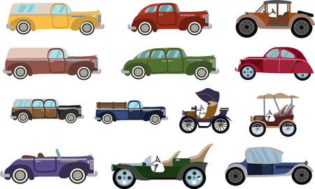 Set of cartoon colored Vintage cars. Flat style classic cars setのイラスト素材