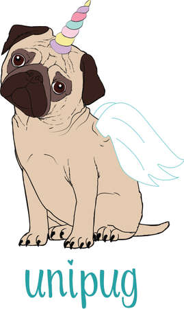 Pug dog cartoon illustration. Cute friendly fat chubby fawn sitting pugのイラスト素材