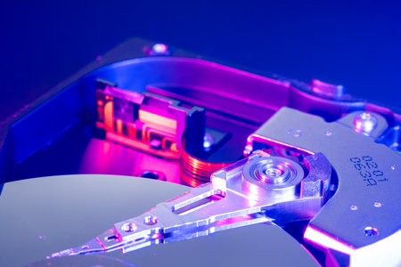 close up of hard disk drive, shallow depth of field (DOF)