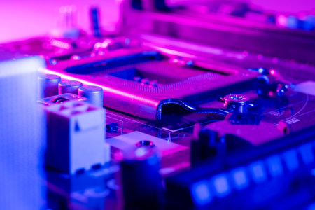 Close-up of electronic circuit board with microchips. Technology backgroundの写真素材