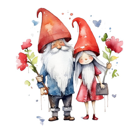 Watercolor gnomes with flowers. Hand drawn illustration isolated on white backgroundの素材