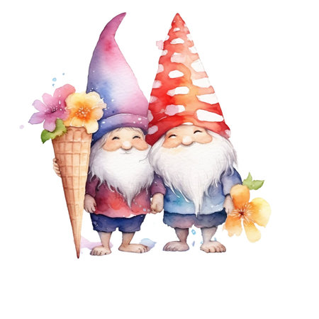 Watercolor gnomes with ice cream. Watercolor illustration isolated on white background.の素材