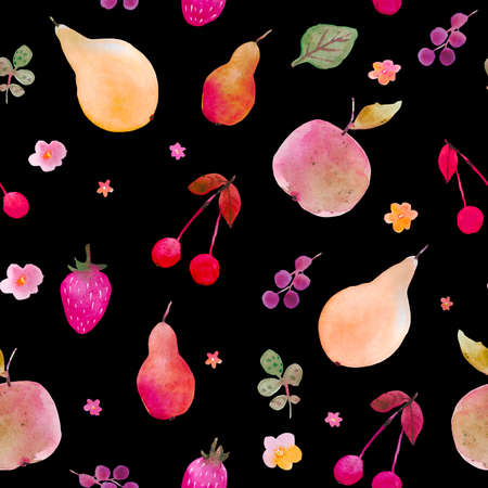 Seamless watercolor fruit pattern with pears, watermelon, apples, grape, cherry. Summertime juice mood. Watercolor technique. Good for gift paper, coctail menu, textilesの写真素材