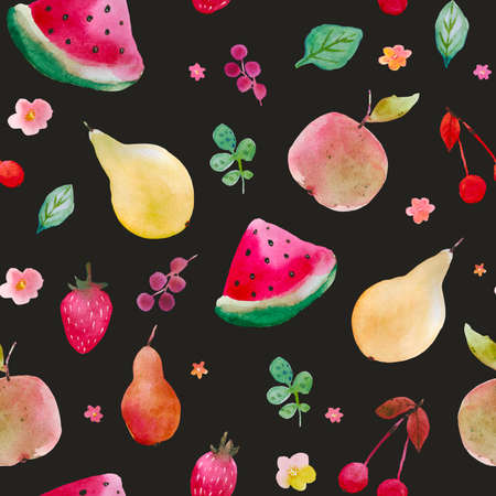 Seamless watercolor fruit pattern with pears, watermelon, apples, grape, cherry. Summertime juice mood. Watercolor technique. Good for gift paper, coctail menu, textilesの写真素材