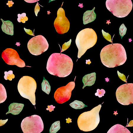 Seamless watercolor fruit pattern with pears, watermelon, apples, grape, cherry. Summertime juice mood. Watercolor technique. Good for gift paper, coctail menu, textilesの写真素材
