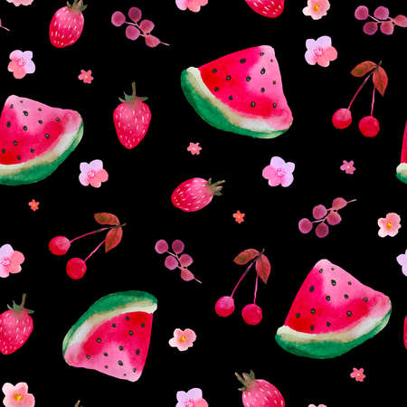 Seamless watercolor fruit pattern with pears, watermelon, apples, grape, cherry. Summertime juice mood. Watercolor technique. Good for gift paper, coctail menu, textilesの写真素材