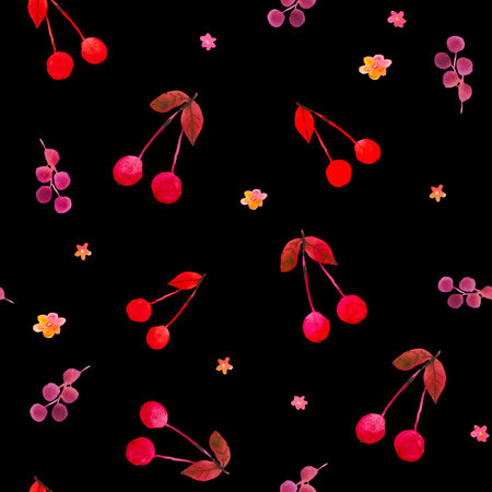 Seamless watercolor fruit pattern with pears, watermelon, apples, grape, cherry. Summertime juice mood. Watercolor technique. Good for gift paper, coctail menu, textilesの写真素材