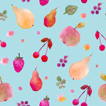 Seamless watercolor fruit pattern with pears, watermelon, apples, grape, cherry. Summertime juice mood. Watercolor technique. Good for gift paper, coctail menu, textilesの写真素材