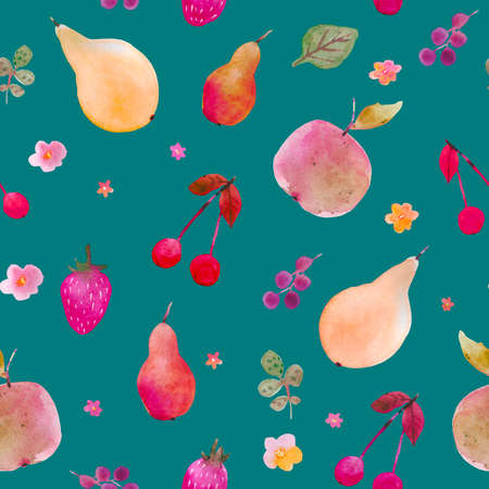 Seamless watercolor fruit pattern with pears, apples, grape, cherry. Summertime juice mood. Watercolor technique. Good for gift paper, coctail menu, textilesの写真素材