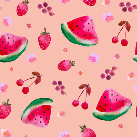 Seamless watercolor fruit pattern with pears, apples, grape, cherry. Summertime juice mood. Watercolor technique. Good for gift paper, coctail menu, textilesの写真素材