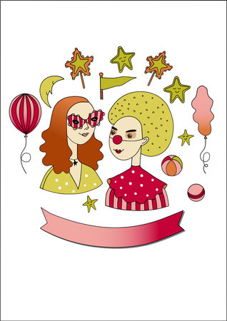 Vector carnival circus set characters for children and family holidays, party. Clowns, magicians, illusionists, acrobats in a fancy dresses. Good for posters, postcards, invitationsのイラスト素材