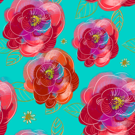 Fashion seamless floral botanical pattern with flowers - roses and chicory. Good for textile design, fabrics, gift wrapping. Yellow backgroundの写真素材