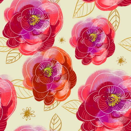 Fashion seamless floral botanical pattern with flowers - roses and chicory. Good for textile design, fabrics, gift wrapping. Yellow backgroundの写真素材