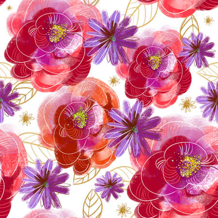 Fashion seamless floral botanical pattern with flowers - roses and chicory. Good for textile design, fabrics, gift wrapping. Yellow backgroundの写真素材