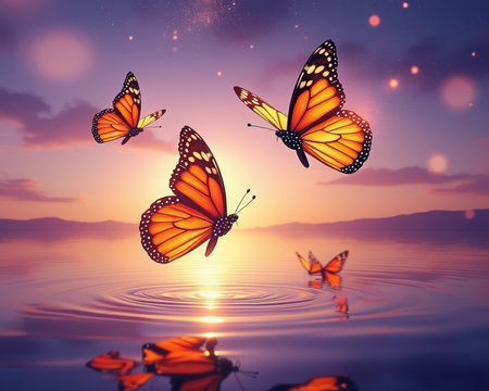 Monarch butterflies fly graceful above calm water during sunset Golden light reflecting water creating peaceful view Wonders natural world illustrated colorful insects and serene atmosphereの素材