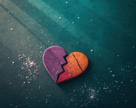 Symbolism of broken heart representing lost love relationship difficulties Dust particles surround broken heart Split in two pieces with rough texture conveys pain and despairの素材