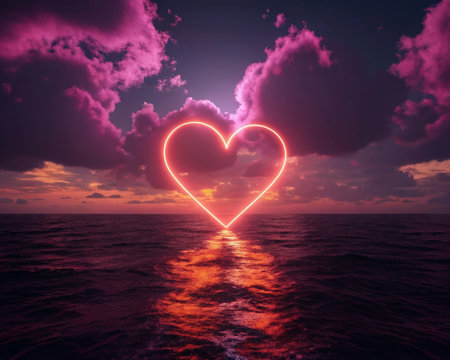 A glowing cordate symbol is reflected on water. Evening serenity is reflected in the tranquil scene in sea. A romantic sea with glowing symbol. A dream come true.の素材