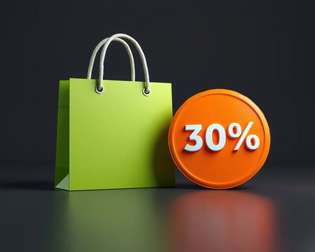 Green shopping bag with 30% discount symbol promotional retail offer product advertising sale announcement marketing campaign special discount promotion. Bright green orange colors.の素材