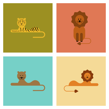 assembly of flat icons nature cartoon tiger lionのイラスト素材