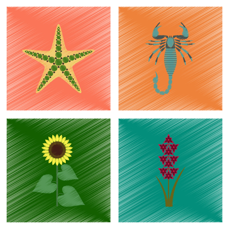 assembly flat shading style illustration of starfish Scorpio sunflower gladiolusのイラスト素材