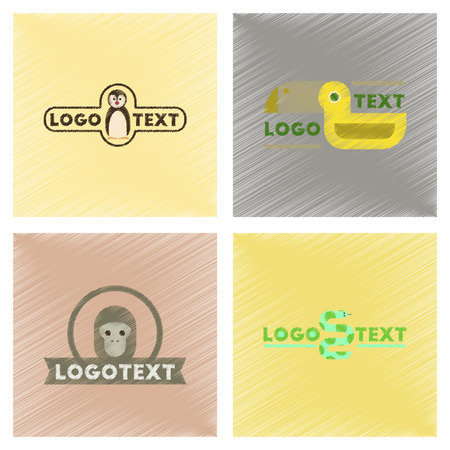 assembly flat shading style icons logo penguin snake monkey birdのイラスト素材