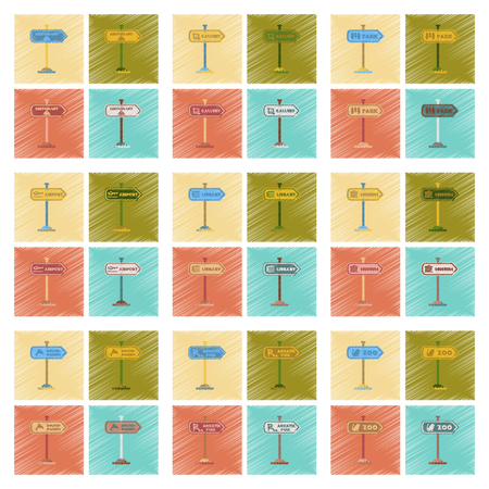 assembly flat shading style icons sign aquatic Zoo dolphinarium park gallery restaurant airport library Museumのイラスト素材