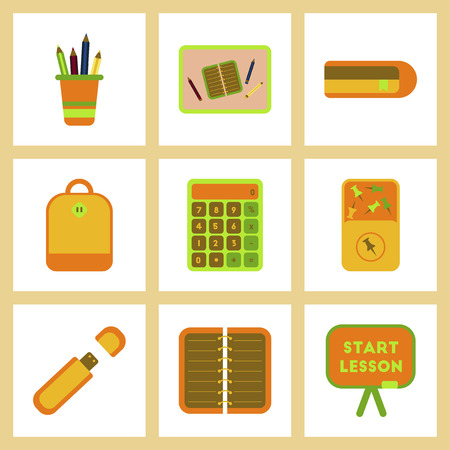 assembly flat icons office pins notebook calculator board bag usb pencil tableのイラスト素材